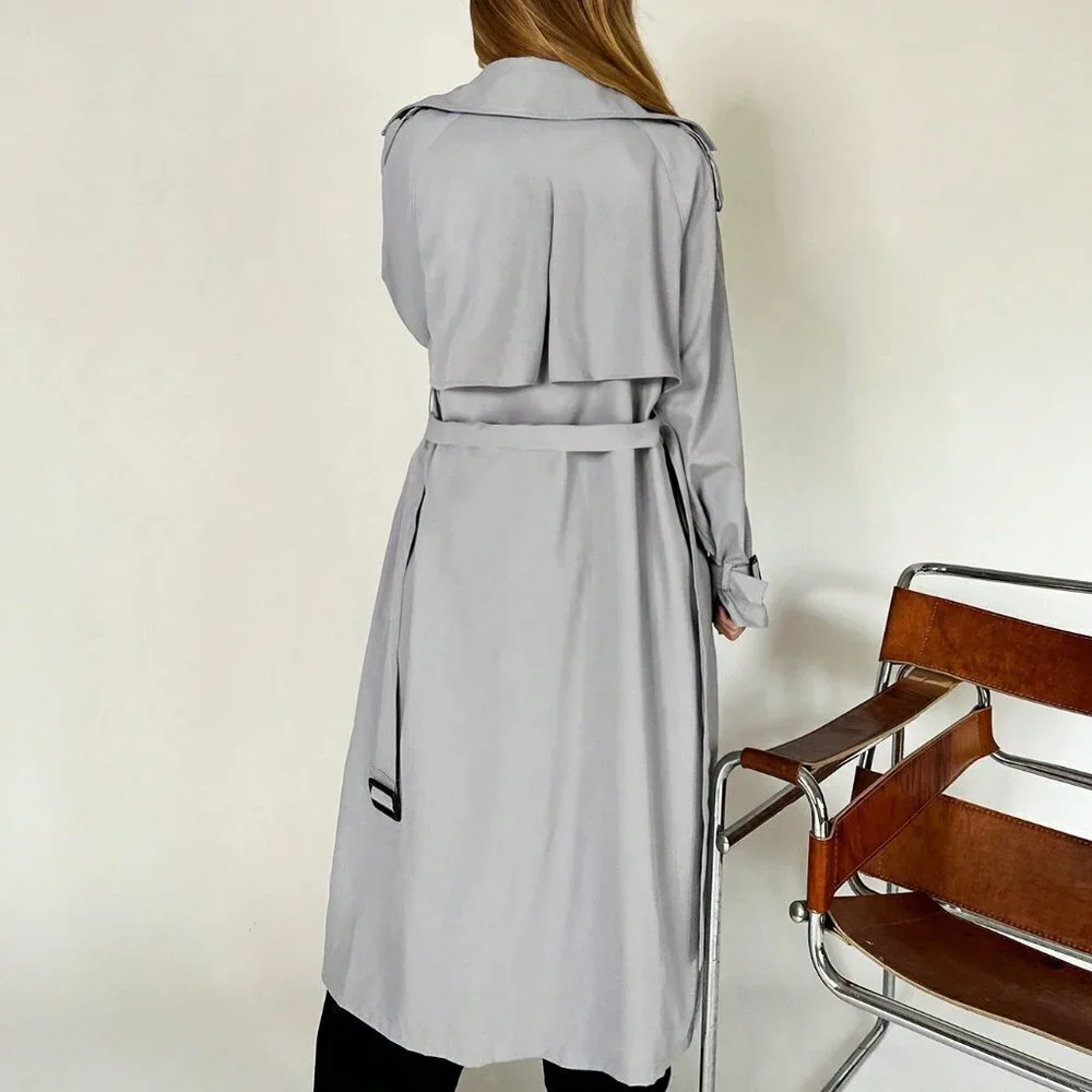 Grey Casual Womens Lapel Neck Raglan Sleeve Belted Trench Coat